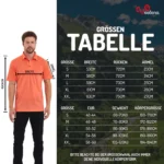 Πίνακας μεγεθών για ανδρική μπλούζα polo από 100% μαλλί μερινό, με κομψό γιακά και κανονική εφαρμογή